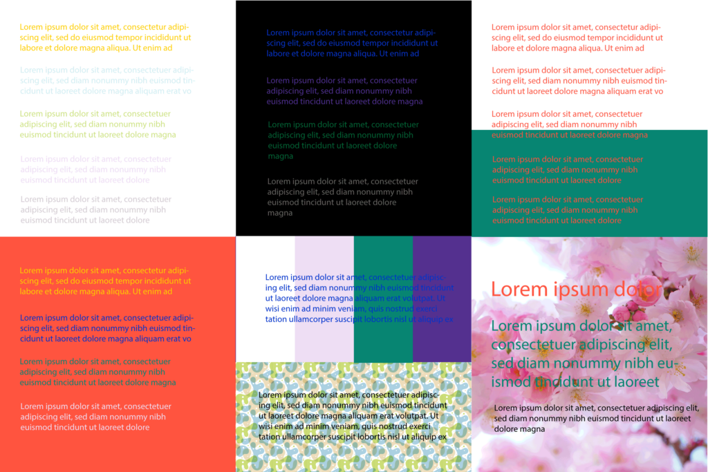 Examples of text over background colors and images that give poor readability