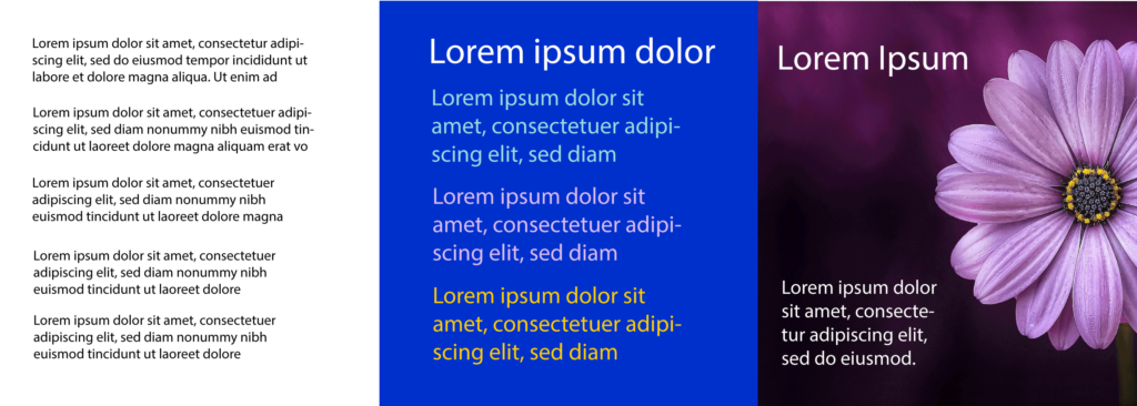 Examples of readable text on different backgrounds and over an image