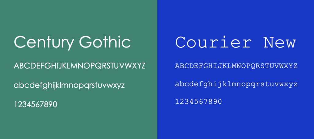 Examples of Century Gothic and Courier New fonts with alphabet and numbers 1-9, 0