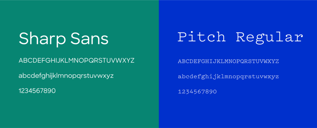 Example text of Sharp Sans and Pitch Regular fonts. The alphabet and number 1-9, 0