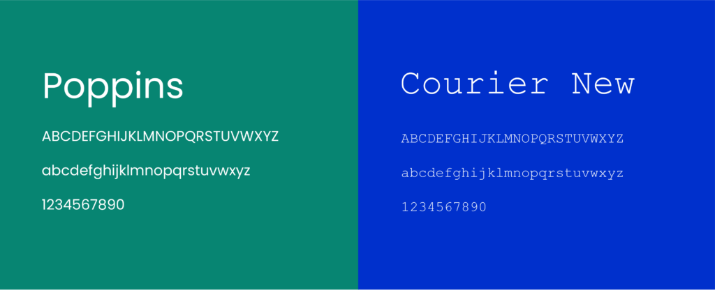 Poppins and Courier New example text, includes alphabet and numbers 1-9, 0