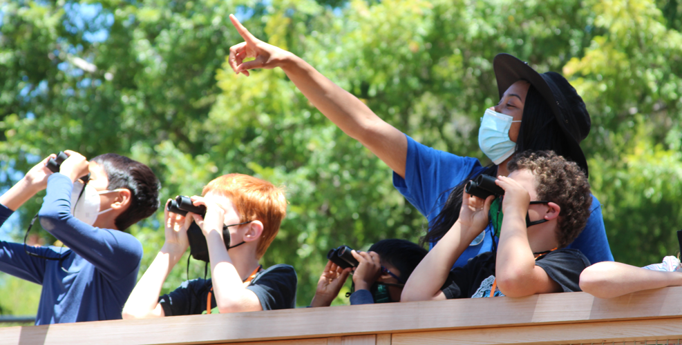 Students are using binoculars in the Outdoor Nature Lab and a staff member is pointing at what they see in nature.