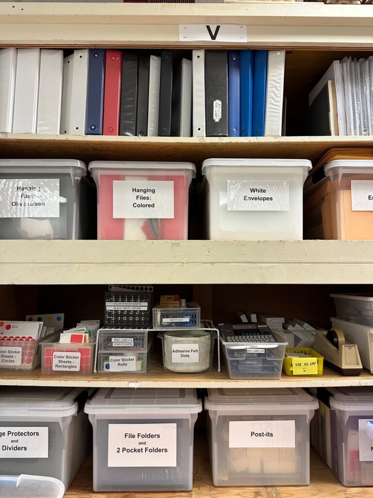 Prep hub supplies including binders, hanging files, envelopes and more.