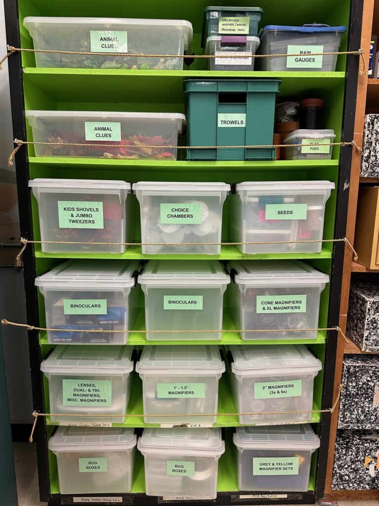 Prep hub supplies including animal clues, binoculars, magnifiers, and more.